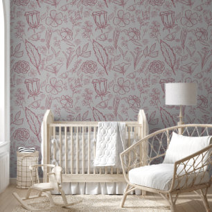 Simple Pink Floral on Grey Wallpaper