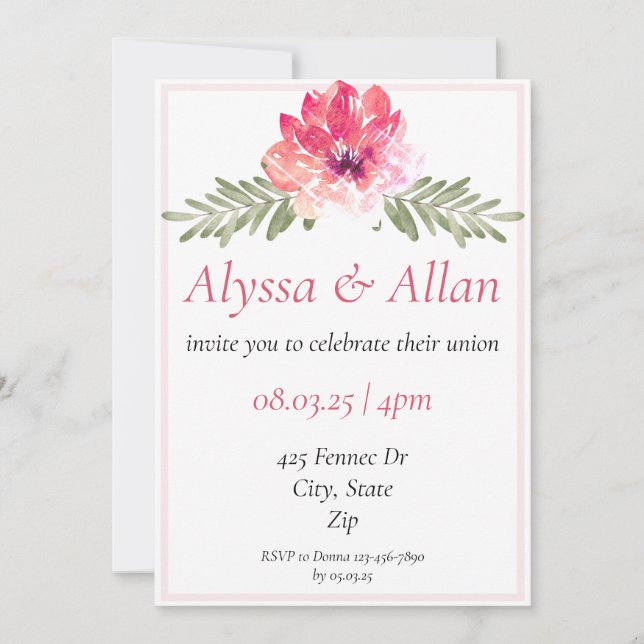 Simple Pink Floral Wedding Invitation (Front)