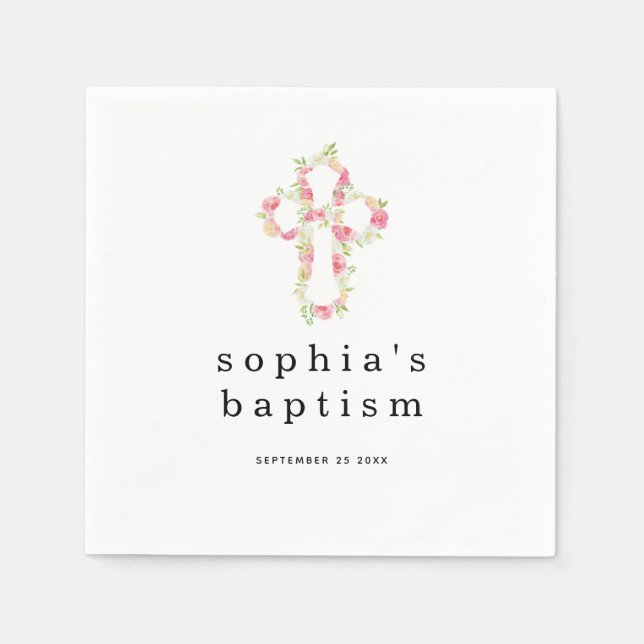 Simple Pink Florals Cross Name Date Girl Baptism N Napkin (Front)