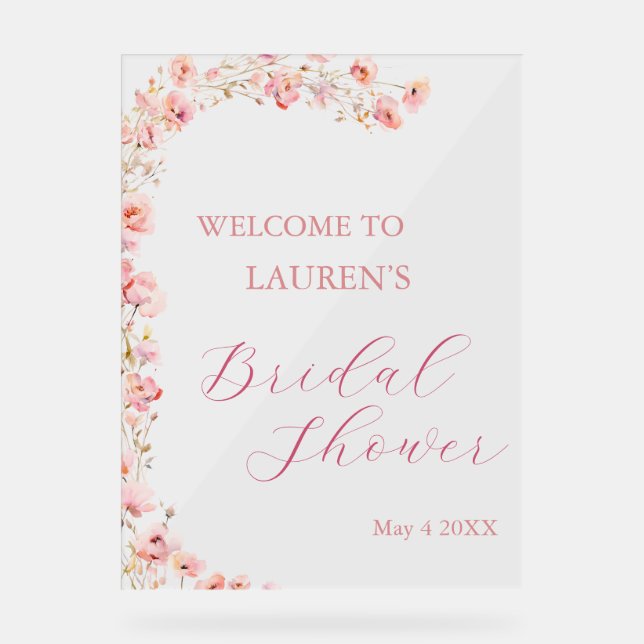 Simple Pink Flower Garden Bridal Shower Acrylic Sign (Front)