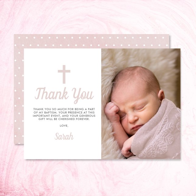Simple Pink Girl Baptism Christening Photo Thank You Card (Thank your family and friends for attending your daughter's baptism with this photo thank you card.)
