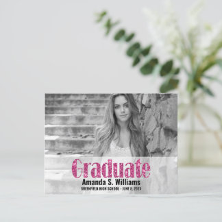 Simple Pink Glitter Photo Graduation Announcement  Postcard