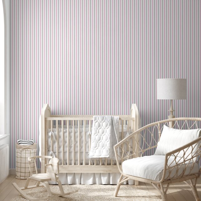 Simple Pink Grey | White Pinstripe Striped Pattern Wallpaper (Kids)