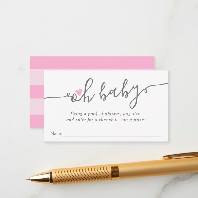 Simple Pink Heart Girl Baby Shower Diaper Raffle Enclosure Card (Front/Back In Situ)