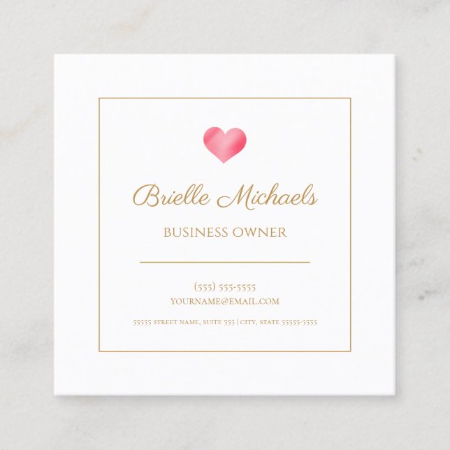 Simple Pink Heart With Elegant Gold Script Square Business Card (Front)