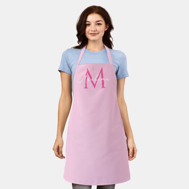 Simple Pink Initial Modern Monogrammed Business Apron (Worn)