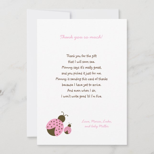 Simple Pink Ladybug baby shower thank you notes (Front)