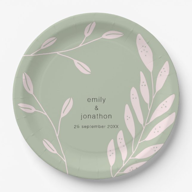 Simple Pink Leaves Names Date Sage Green Wedding Paper Plate (Front)