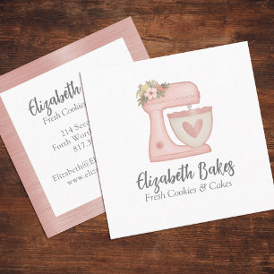 Simple Pink Mixer Floral Cake Bakery Business Card