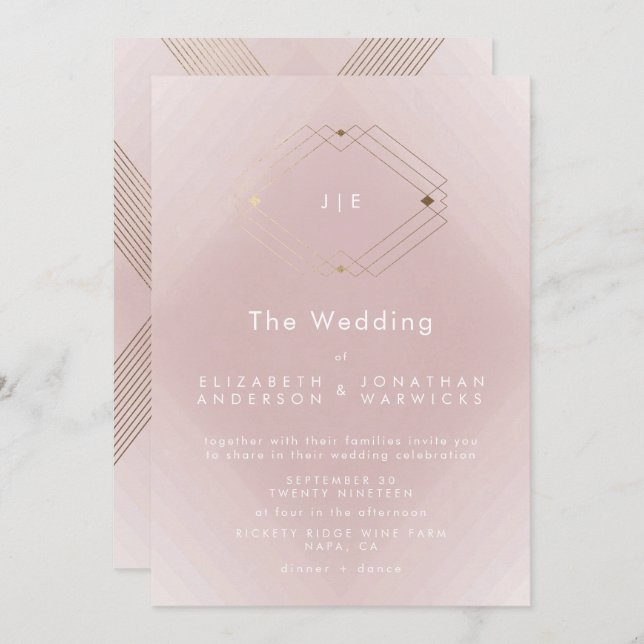 Simple Pink Modern Geometric Gold Wedding Invitation (Front/Back)