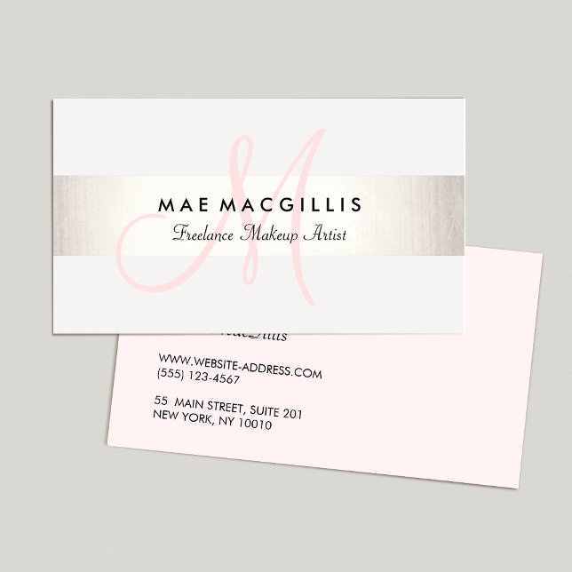Simple Pink Monogram Modern FAUX Silver Striped Business Card (Creator Uploaded)