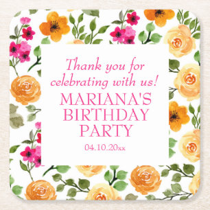 Simple Pink Orange Floral Birthday Party Favour Square Paper Coaster