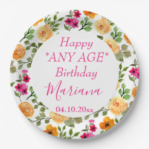 Simple Pink Orange Floral Birthday Party Paper Plate