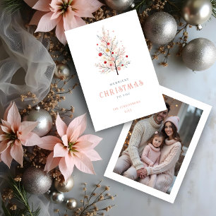 Simple Pink Original Modern Christmas Tree Photo  Holiday Card
