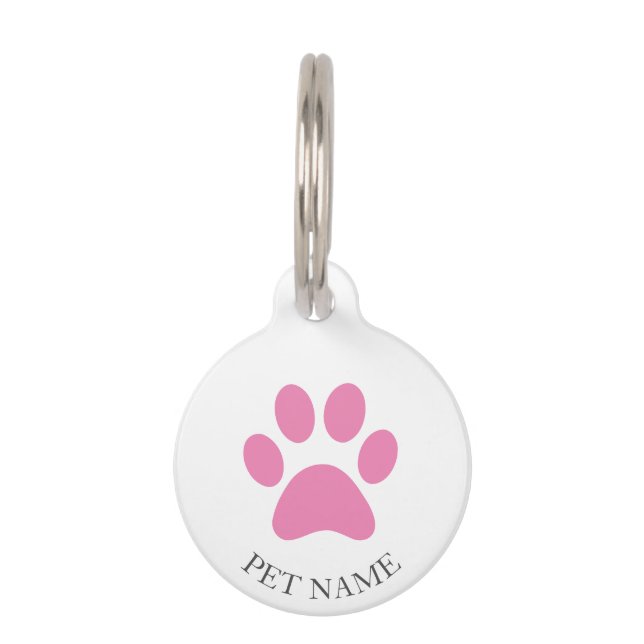 Simple Pink Pet Paw with Name Pet Tag (Front)