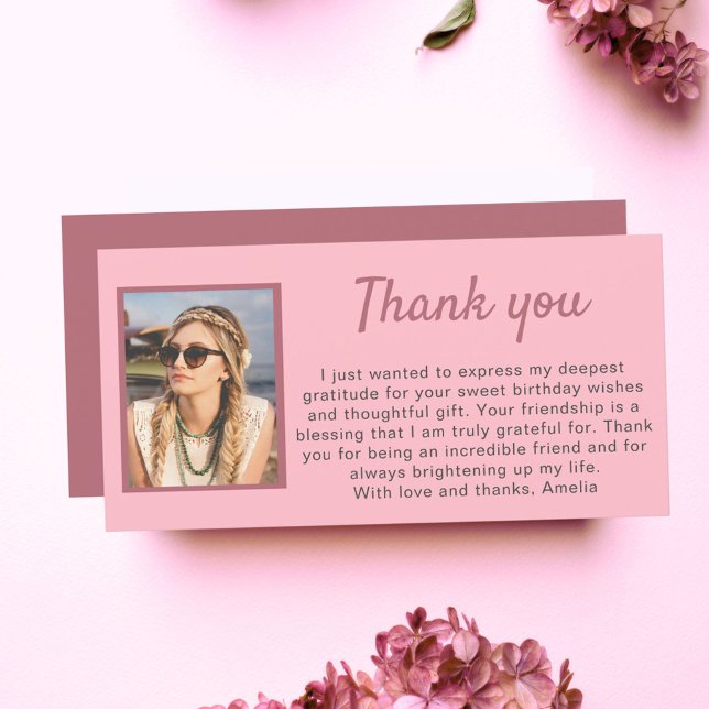 Simple Pink Photo Birthday  Thank You Card (Creator Uploaded)
