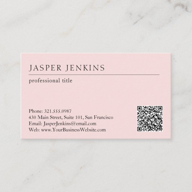 Simple Pink Professional Minimal Modern QR Code Business Card (Front)
