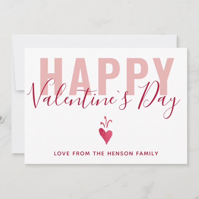 Simple Pink Red Heart Happy Valentine`s Day Script Holiday Card (Front)