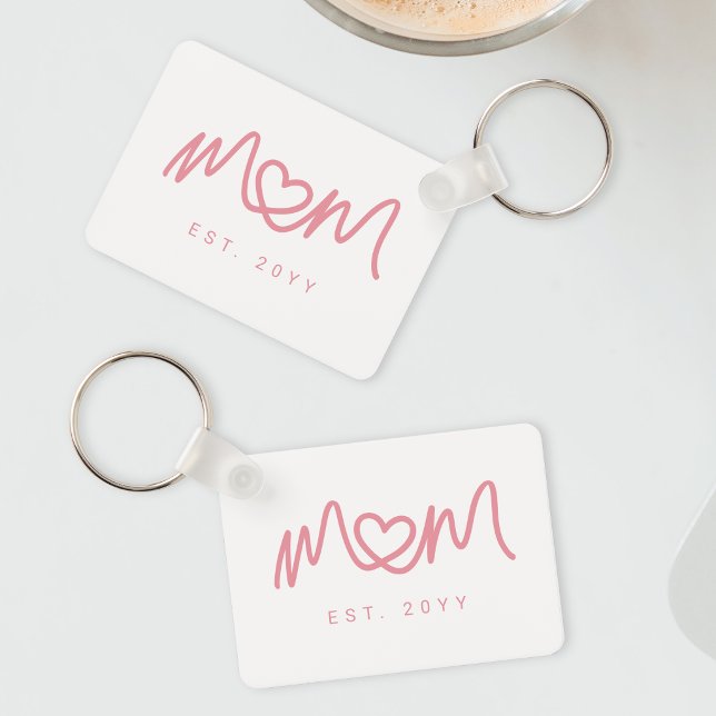 Simple Pink Script Heart Cute New Mum Established Key Ring (Simple Pink Script Heart Cute New Mom Established Keychain)