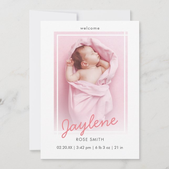 Simple Pink Script Newborn Baby Photo Birth Announcement (Front)