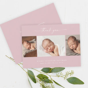 Simple Pink Script Photo Collage Baby Thank You Card