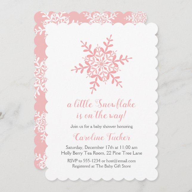 Simple Pink Snowflake Elegant Baby Shower Invitation (Front/Back)