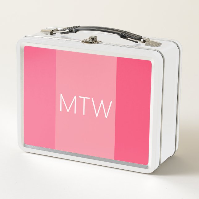 Simple Pink Stripes White Monogram Metal Lunch Box (Front)