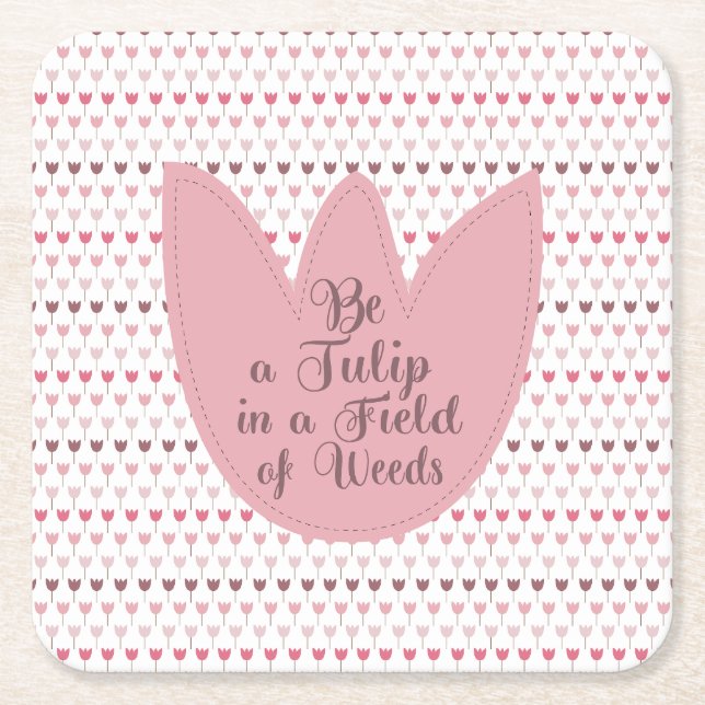 Simple Pink Tulip Pattern Square Paper Coaster (Front)