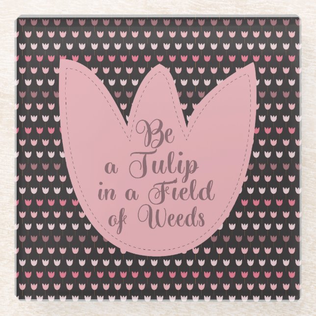 Simple Pink Tulip Pattern with dark background Glass Coaster (Front)