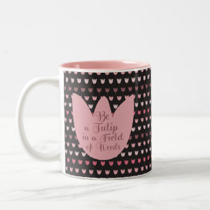 Simple Pink Tulip Pattern with dark background Two-Tone Coffee Mug
