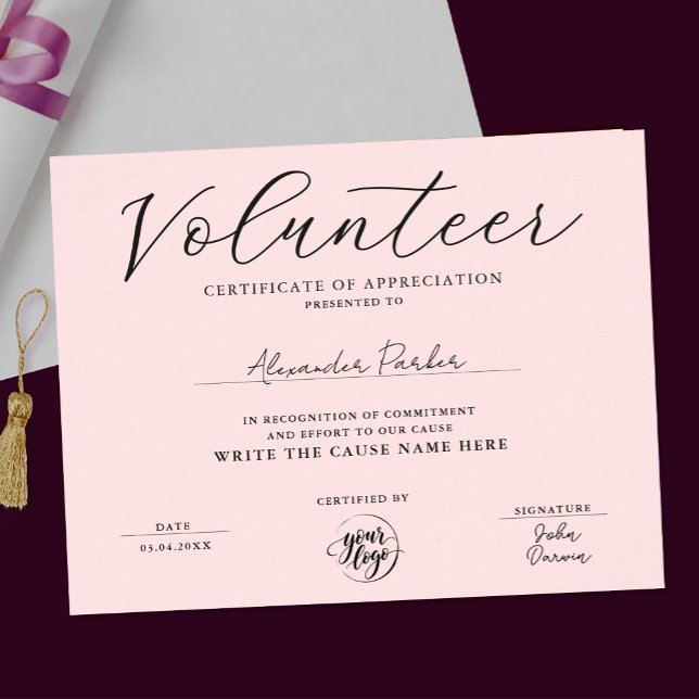 Simple Pink Volunteer Certificate Recognition Poster (Creator Uploaded)