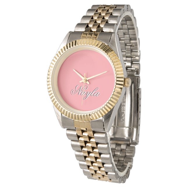 Simple pink watch with first name to personalize (Angled)