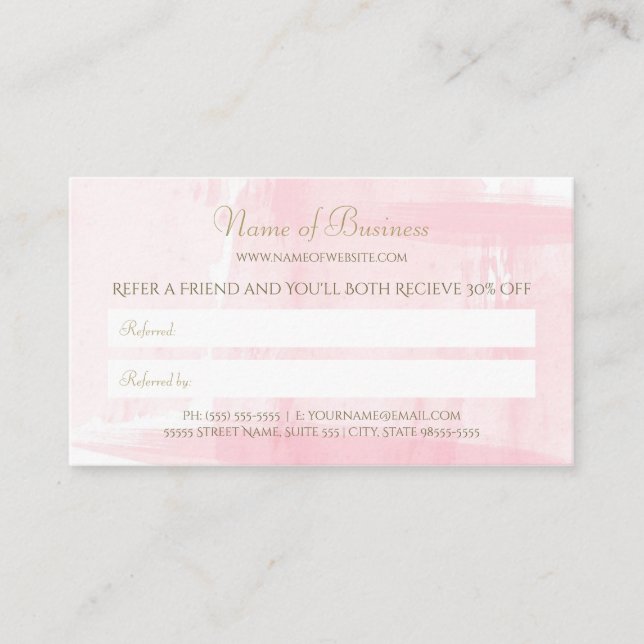 Simple Pink Watercolor Elegant Gold Text Referral Card (Front)