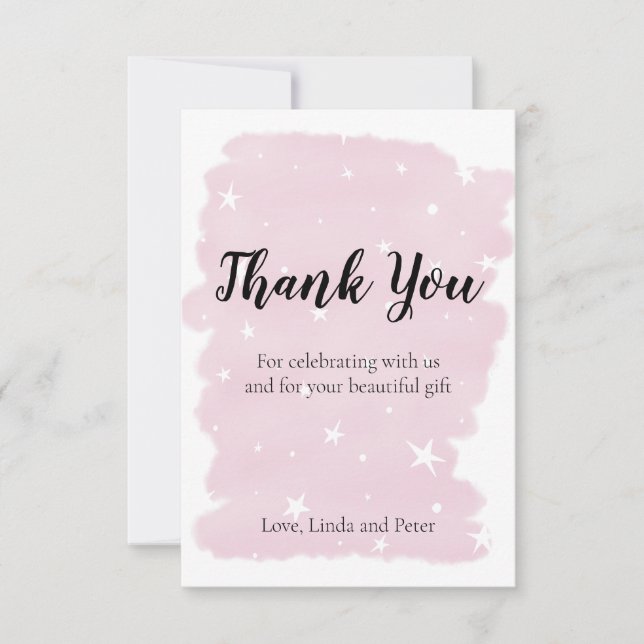 Simple Pink Watercolor with Stars Thank You Card (Front)