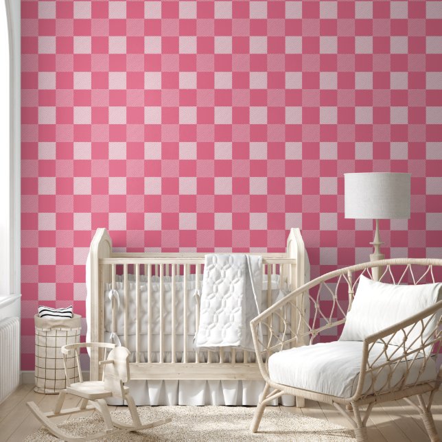 Simple Pink White Checks Pattern Wallpaper (Kids)