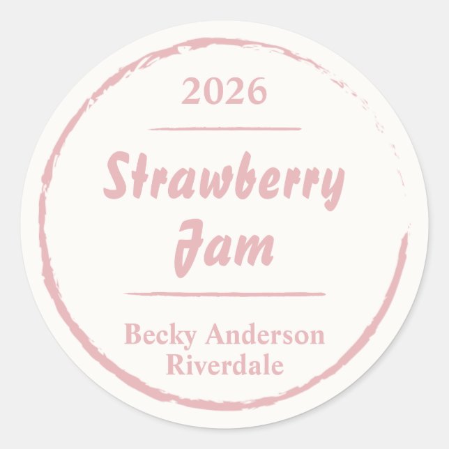 Simple Pink White Homemade Jam Round Label (Front)