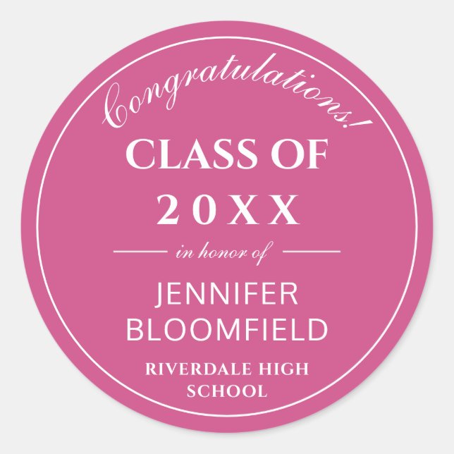 Simple Pink & White Modern Graduation  Classic Round Sticker (Front)
