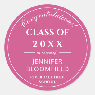 Simple Pink & White Modern Graduation Classic Round Sticker