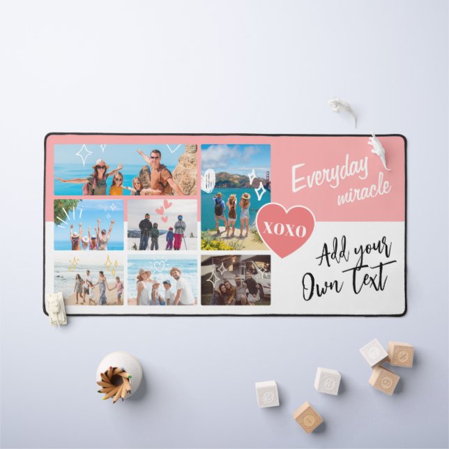 Simple pink white personalized text photo collage desk mat (Kids Table)