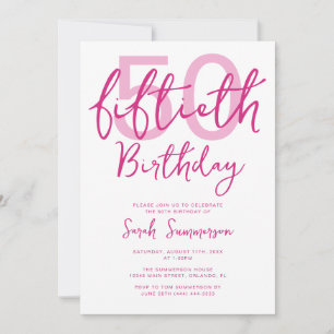 Simple Pink White Script 50th Birthday Party Invitation