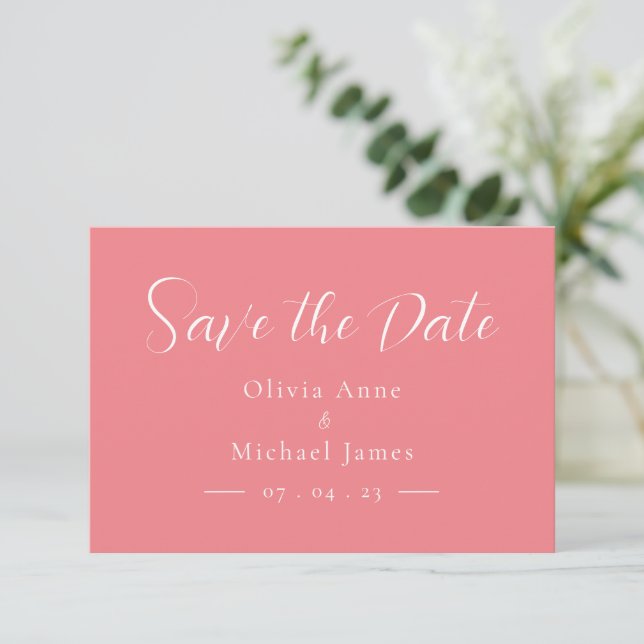 Simple Pink & White Script Wedding Save the Date (Standing Front)