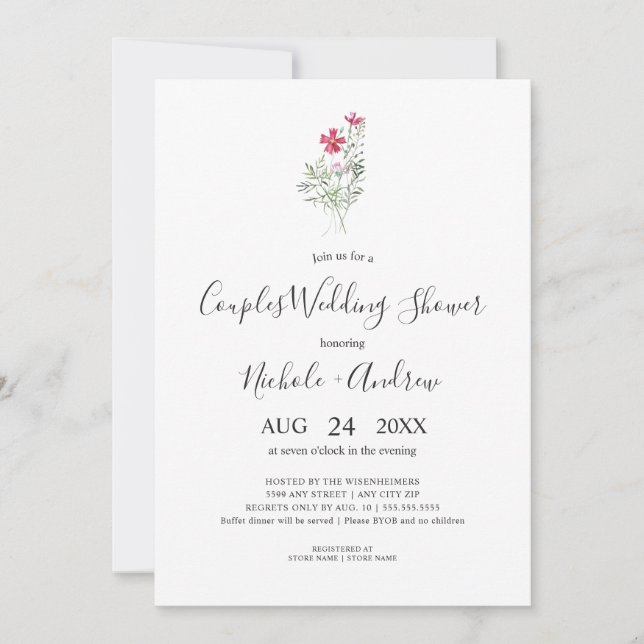 Simple Pink Wildflower Couples Wedding Shower Invitation (Front)