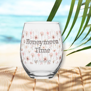 Simple Pink Wildflowers "Honeymoon Time" Stemless Wine Glass