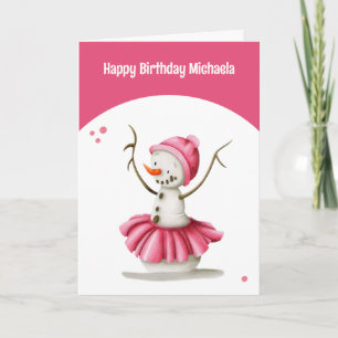Simple Pink Winter Ballerina Snowman Girl Birthday Card