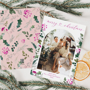 Simple Pink Winter Botanical Photo Christmas Card