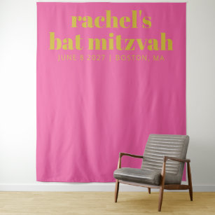 Simple Pink Yellow Cute Bat Mitzvah Photo Backdrop Tapestry