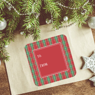 Simple Plaid Holiday Red and Green To From  Square Sticker