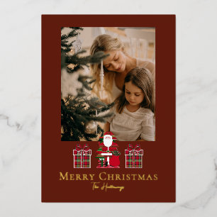 Simple Plaid Santa Gifts Foil Holiday Card