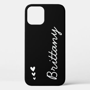 Simple Plain Black and White Hearts Custom Name iPhone 12 Case