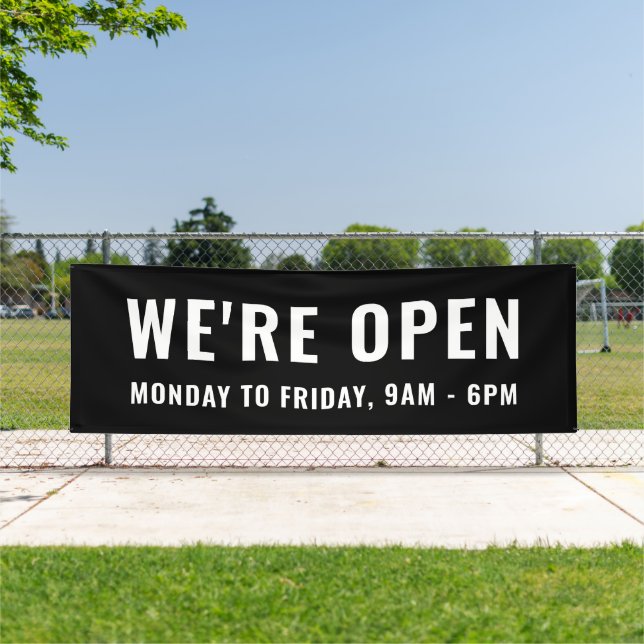 Simple Plain Black We're Open Store Office Signage Banner (Insitu)